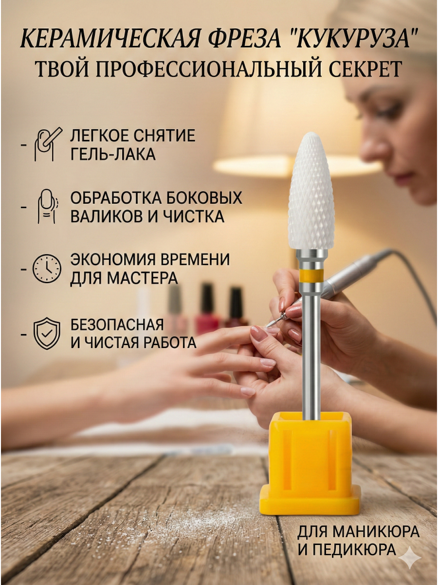 Фреза керамическая желтая "Кукуруза" 6 мм для удаления гель лака