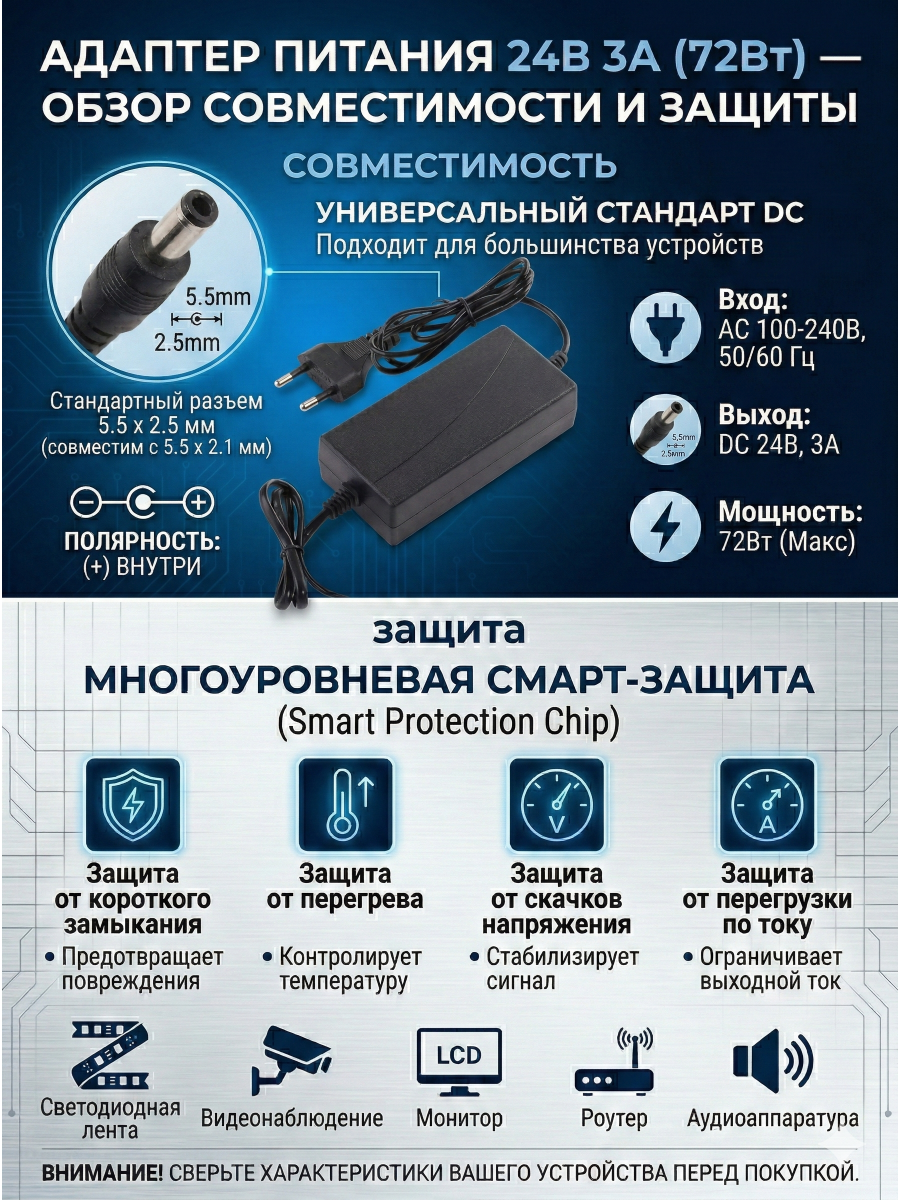 Блок питания 24V 3A, шнур 125 см 2430125